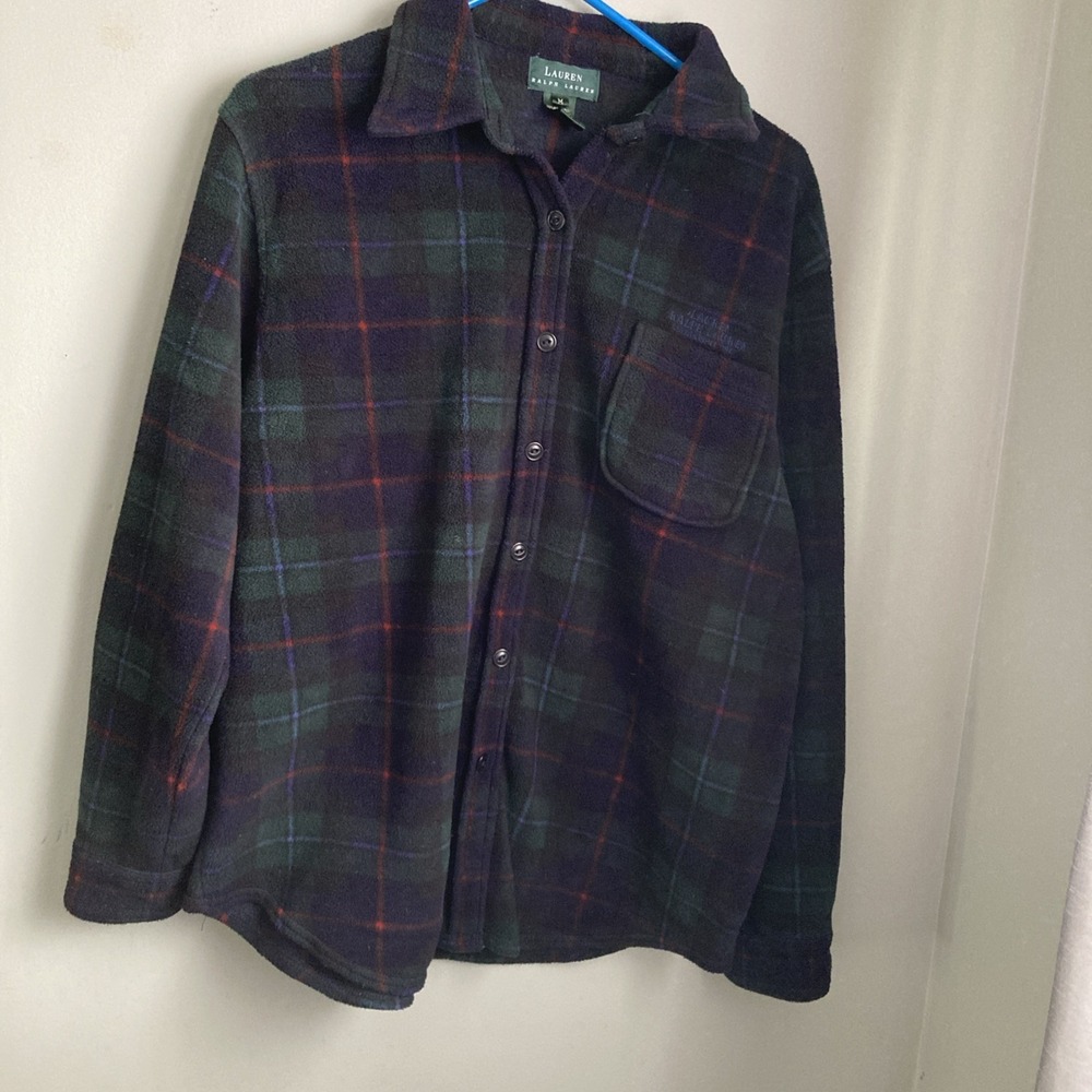 Lauren Ralph Women's Fleece Plaid Navy Red Green Preppy Button Up Medium 90s Y2K